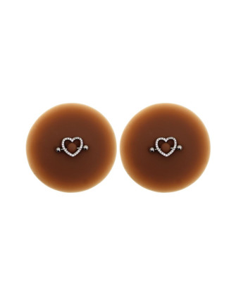 Paire de cache-tétons piercing barre coeur faux diamant peau foncée 